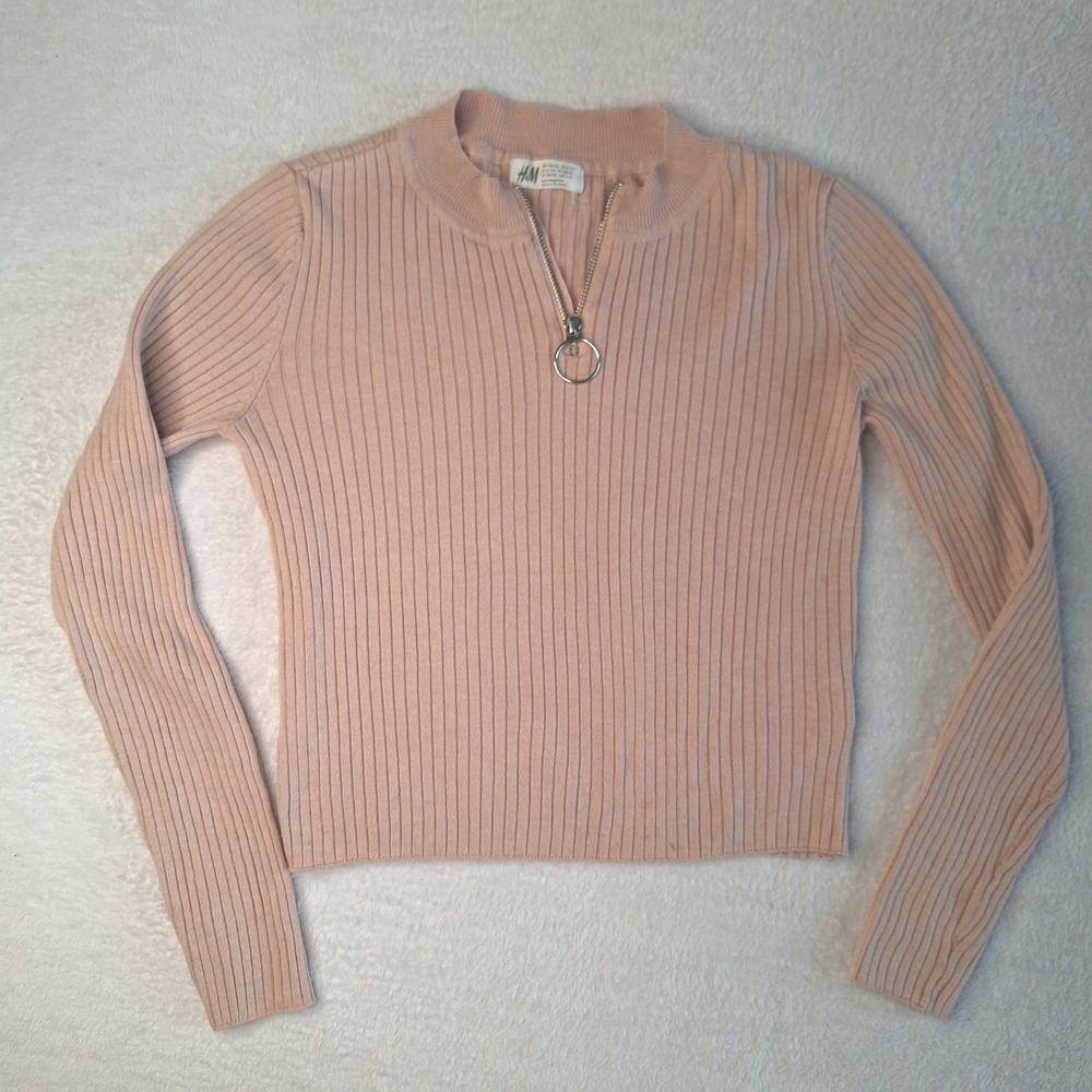 H&M Kids Girls Peach Pink Ribbed Quarter‎ Zip Ring Pull Mock Neck Sweater 10-12Y